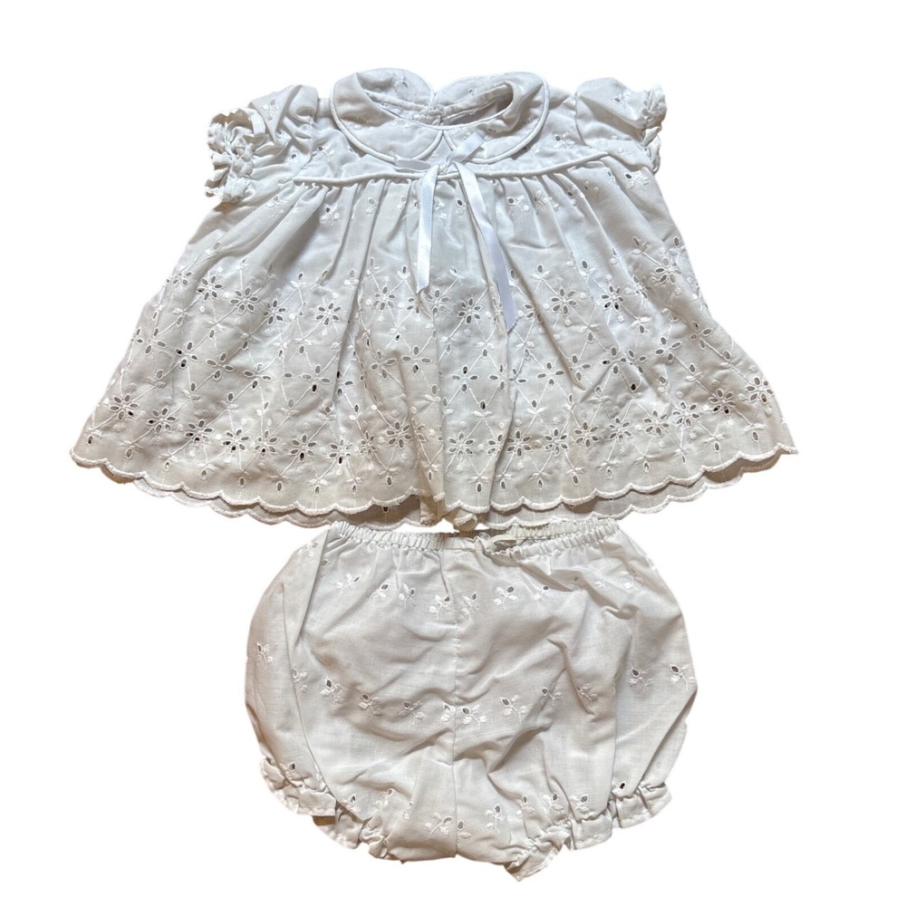 Vintage Eyelet‎ Lace Dress Set Kids White Excellent Peter Pan Collar SIZE 6-12M